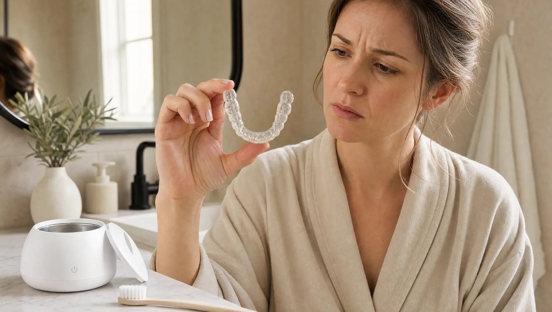 Woman in a bathrobe inspecting a cloudy clear aligner beside the ultrasonic cleaner