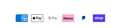 Accepted payment methods: Amex, Apple Pay, Google Pay, Klarna, PayPal and Shop Pay